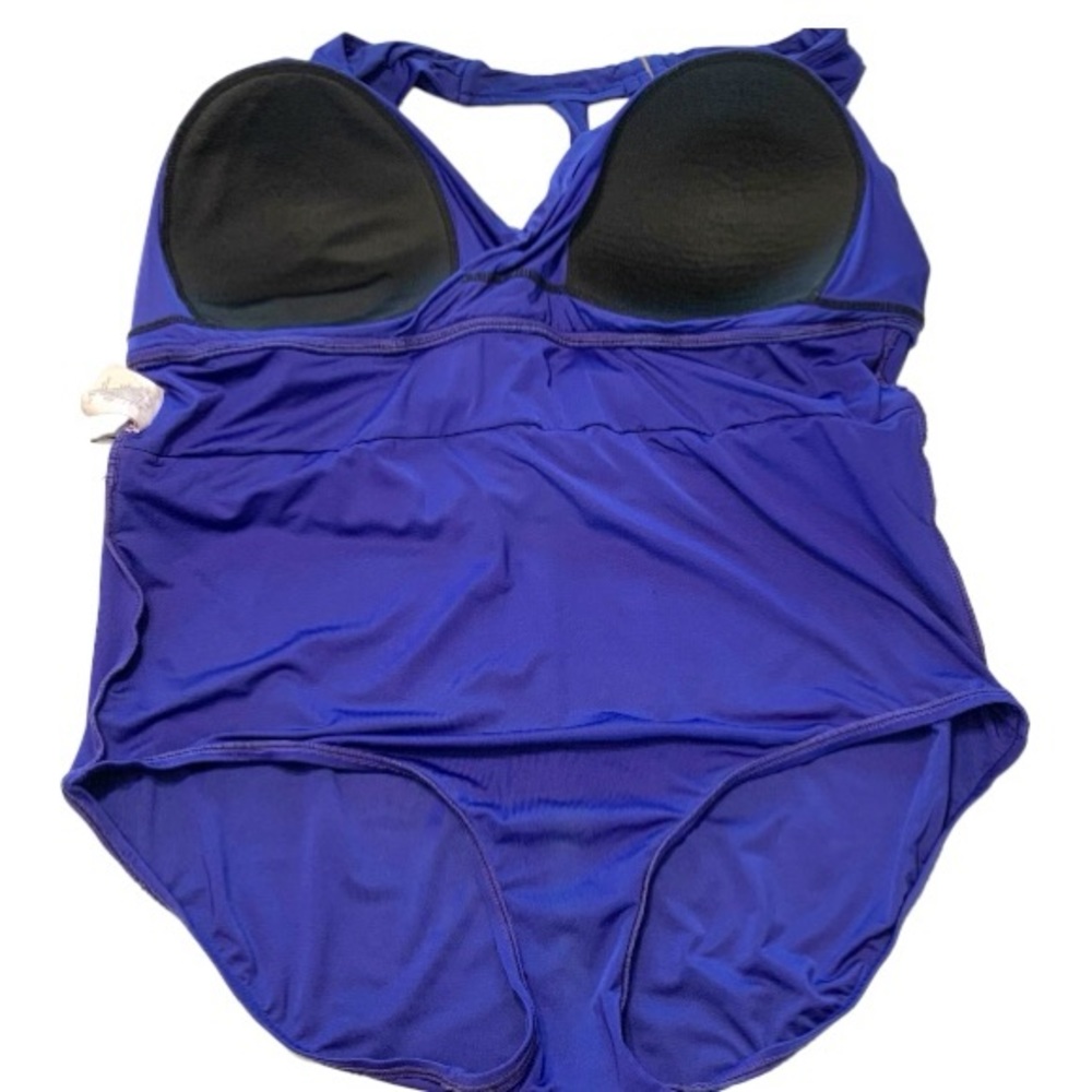 BADGLEY MISCHKA Mío Plunge Midnight Blue Shirred Waist 1 pc Swim Sz 18 - Picture 5 of 13